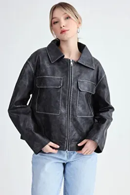 Vitrin Kapak Cepli Suni Deri Biker Ceket