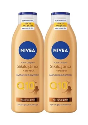 Myg Plus Nıvea Q10 Sıkılaştırıcı ve Bronzlaştırıcı Vücut Losyonu 250ML, Kademeli Doğal Bronzluk, 7 Günde Sıkı Cilt, Açık ve Buğday Tenli Ciltler (2 Paketi)