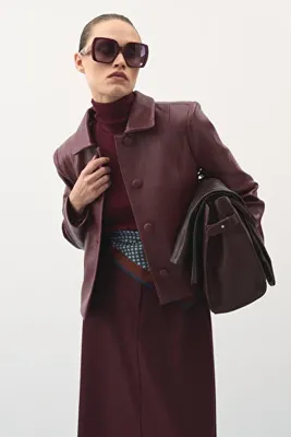 Jolamier Kısa Deri Ceket Bordo