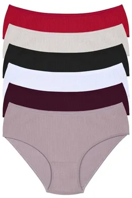 Humaone Kadın %100 Pamuk 6'lı Yüksek Bel Fitilli Külot Bordo, Taş, Siyah, Beyaz, Mürdüm, Vizon