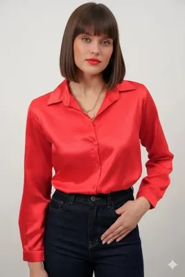 hazelin Kadın Kırmızı Hafif Dökümlü Saten Yüzeyli Gömlek HZL22W-BD139641