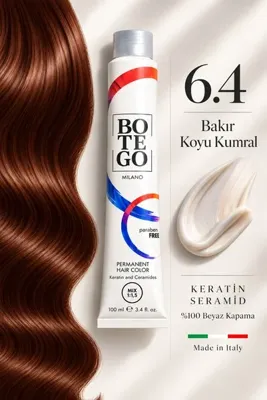 botegohair Profesyonel Kalıcı Krem Saç Boyası - 6.4 Bakır Koyu Kumral - 100 ml – Keratin ve Seramid İçeren
