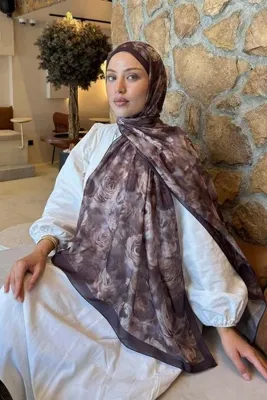 lamelif Botanik Çiçek Desen Lara Soft Şal Acı Kahverengi