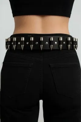Köstebek Siyah Gotik Silver Gun Şeritli Y2K Kemer