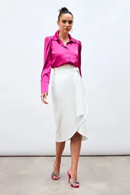 Sateen Kuşaklı Kalem Etek - Ekru
