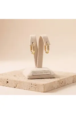 staınless steel Vıp Seri 316L Çelik Gold Renk Zirkon Taşlı Geometrik Dikdörtgen Halka Küpe 1,7 cm