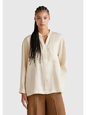 United Colors Of Benetton Kadın Taş Rengi %100 Keten Sol Önü Cepli Oversize Mandarin Yaka Gömlek