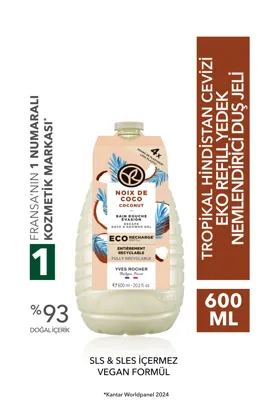 Yves Rocher Eko Refill Yedek Duş Jeli-Nemlendirici Tropikal Hindistan Cevizi- SLS,SLES İçermez,Vegan- 600ml