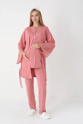 ERDENİZ TEKSTİL Sabahlıklı Lohusa-Hamile Pijama Takımı 3'lü Set