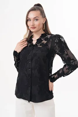 Loom Boutique Büyük Beden Kadife Aplikeli Keten Devore Gömlek