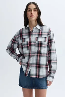 Mudo Kadın Bej Rengi Ekoseli Oversize Uzun Kollu Gömlek