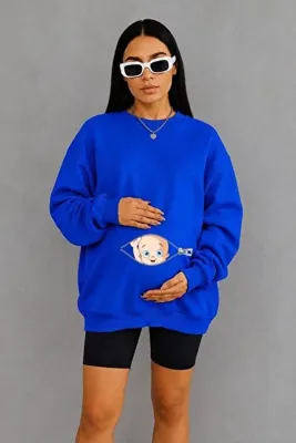 BENROMA PLUS 3 İPLİK PENYE BEBEK GETİREN LEYLEK BASKILI HAMİLE SWEATSHIRT JW4