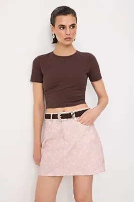 TRENDYOLMİLLA Çok Renkli Çiçek Baskılı %100 Pamuk Yüksek Bel Mini Denim Etek TWOSS26ET00265
