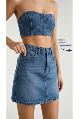 jean shop Kadın Yüksek Bel Mini Kot Etek Cepli Dar Kalıp %100 Pamuk Denim Etek