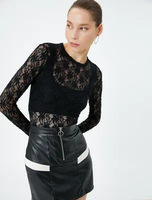 Koton Crop Tül Bluz Çiçek Desenli Uzun Kollu Dik Yaka