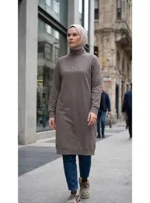Plistre 2290_Kadın Tesettür Spor Tunik Elbise - Reflektör Baskılı, Dik Yakalı Fermuarlı, Cepli, Yumuşak Doku