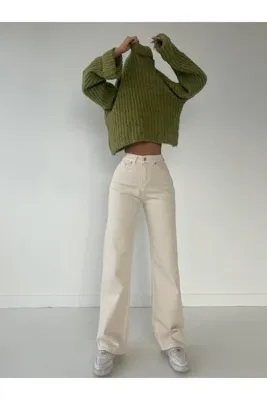 Shield Life Bej Palazzo Bol Paça Esnek Ve Likralı Yüksek Bel Kadın Kot Pantolon Straight