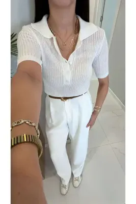 BİRCANÇİL Vohes Ekru Simli Polo Yaka Kısa Kollu Triko