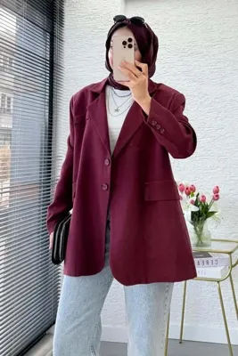 MELEK ARAZ İki Düğmeli Keten Blazer Kadın Ceket - Bordo