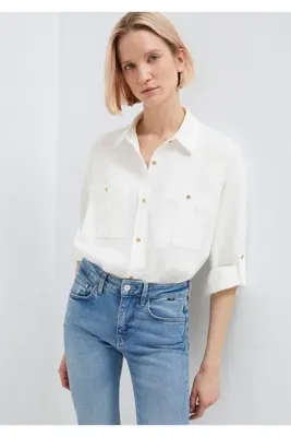 Mavi Düğme Detaylı Ekru Gömlek Loose Fit / Bol Rahat Kesim 1211383-70057