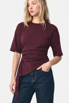 VODENS Bordo Kısa Kollu Bele Oturan Büzgülü %95 Pamuk Bluz