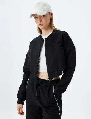 Koton Spor Bomber Yaka Sweatshirt Fermuarlı Dikiş Detaylı Cepli Şardonlu