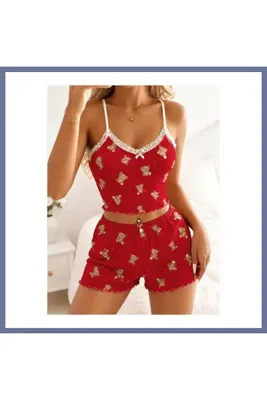 Genel Markalar Kadın Kırmızı Ayıcık Desenli Dantelli Yumuşak Askılı Şortlu Pijama Takımı 526 DLRA