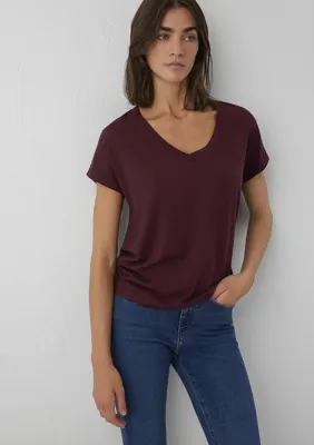 Mavi V Yaka Bordo Basic Viskoz Tişört