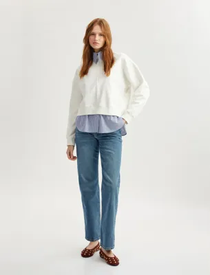 Koton İki Farklı Kumaş Kullanımlı Uzun Kollu Pamuklu Gömlek Yaka Sweatshirt
