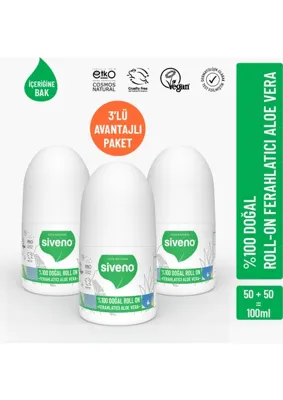 Siveno %100 Doğal Roll-On Aloe Vera Deodorant Ter Kokusu Önleyici Bitkisel Lekesiz Vegan 50 ml X3 Adet