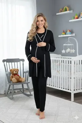 Pelin Kadın Siyah Gizli Emzirme Özellikli Ayarlanabilir Belli Biyeli Lohusa Hamile 3'Lü Pijama Takımı