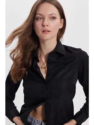 Tudors Kadın Slim Fit Dar Kesim Vücuda Oturan Uzun Kollu Siyah Basic Gömlek
