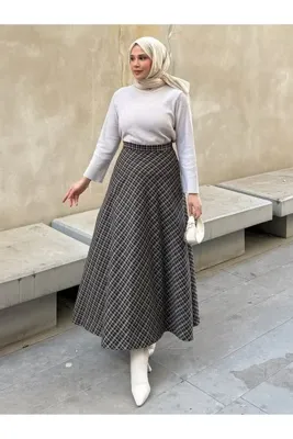 Moda Lippa Ekoseli Kışlık Kloş Etek Kahverengi