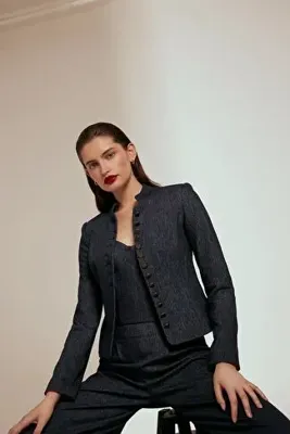 Smarana Gold Düğme Detaylı Fit Jean Ceket