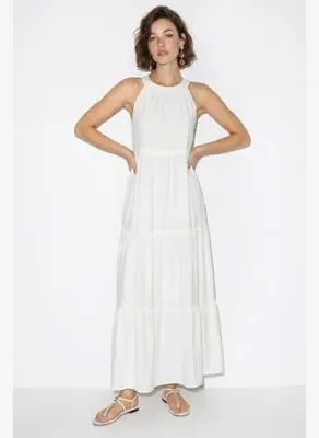 Shade Kadın Halter Yaka Kat Kat Detaylı Modal Maxi Elbise 4852 60286367 - Beyaz