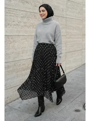 InStyle Puantiye Desen Asimetrik Siyah Kırışık Şifon Etek