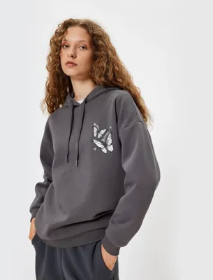 Koton Arkası Baskılı Sweatshirt Oversize Kapüşonlu Şardonlu