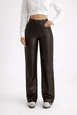 Lighter Jeans Kadın Acı Kahverengi Deri Pantolon Yüksek Bel Wide Leg Bol Paça Şık Günlük Rahat Kalıp