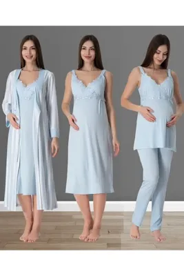 by İGP Effortt Mavi Kadın Hamile Lohusa Sabahlıklı Gecelik ve Pijama Set Takım 9036