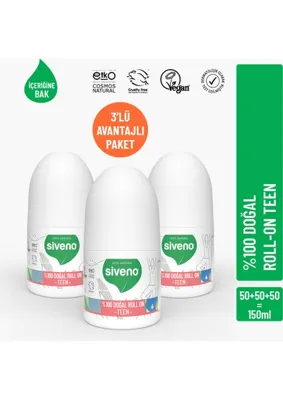 Siveno %100 Doğal Roll-On Teen Girl Genç Kız Deodorant Ter Kokusu Önleyici Bitkisel Lekesiz Vegan 50 ml X3 Adet