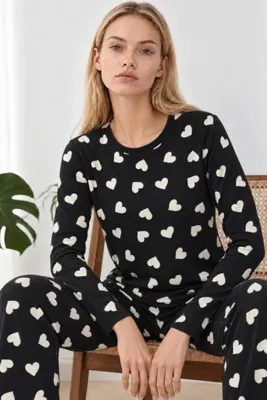 FİT WOMEN Kadın Desenli İkili Siyah Rahat Pijama Takımı 4826