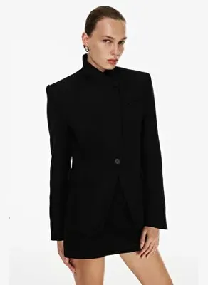 Vatkalı Dik yaka kruvaze kaşe blazer Siyah