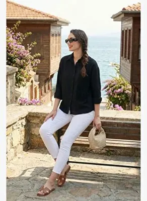 Lela Regular Fit Güpürlü Cep Detaylı Uzun Kollu Gömlek Kadın GÖMLEK 6773215