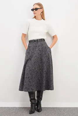 Fulla Moda Kırçıllı Kemerli Maxi Boy Etek