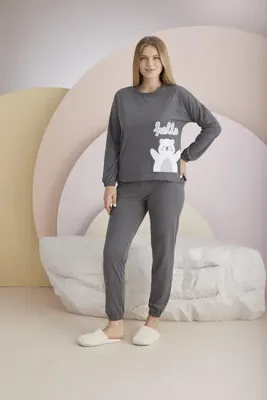 Sevim Kadın Antrasit Renk Uzun Kollu Ayıcık Desenli Lastikli Paça Pijama Takımı C4T8N331