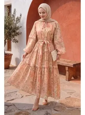 InStyle Şal Desen Bağcıklı Somon Elbise
