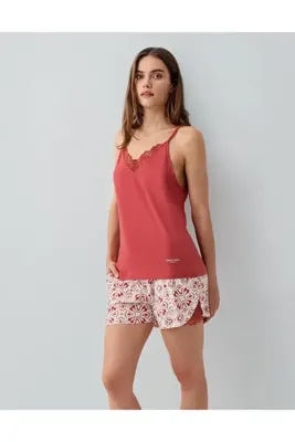 Pierre Cardin Kadın %50 Pamuk %50 Modal Kadın Şortlu Pijama Takımı – Askılı Dantel Detaylı Üst, Dese