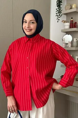 Modaensarbutik Oversize Çizgili Salaş Gömlek-KIRMIZI