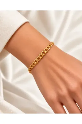 Genel Markalar MAY TAKI AKSESUAR Altın Renk Kalın Zincirli Çelik Unisex Bileklik - Klasik Gurmet Model