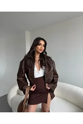 Genel Markalar Yeni Sezon Kadın Bomber Deri Ceket